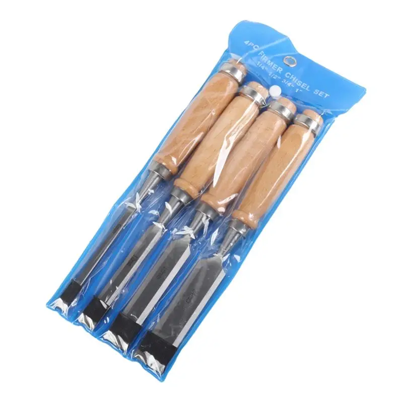 Beech High Impact Handle 4Pcs Wood Chisel Set For Woodworking, Chrome Vanadium Steel Bevel-Edge Bench Chisels With Cap
