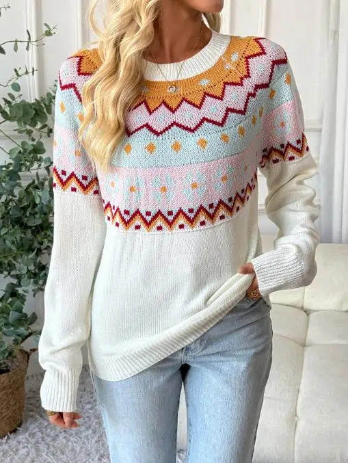

Women's Clothing 2025 Autumn and Winter New Base Sweater Casual Loose Contrasting Color Jacquard Long Sleeved Round Neck Sweater