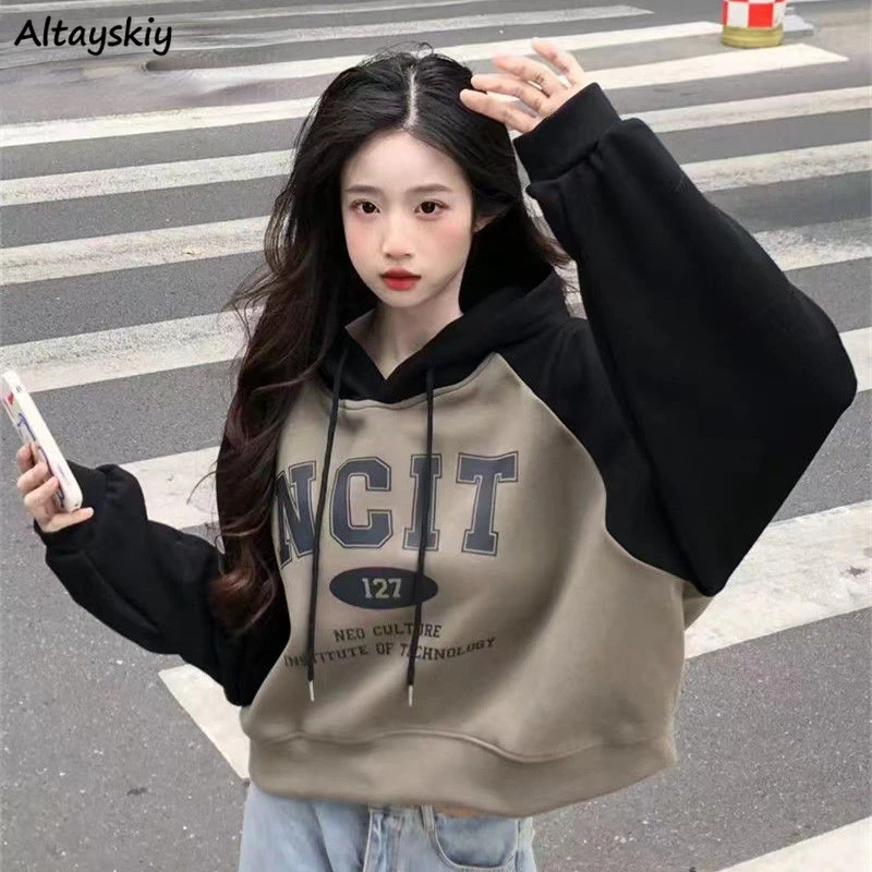 

Hoodies Women American Retro Print Casual Loose Hooded Chic Sporty Streetwear Personality All-match Teens Autumn Preppy Style