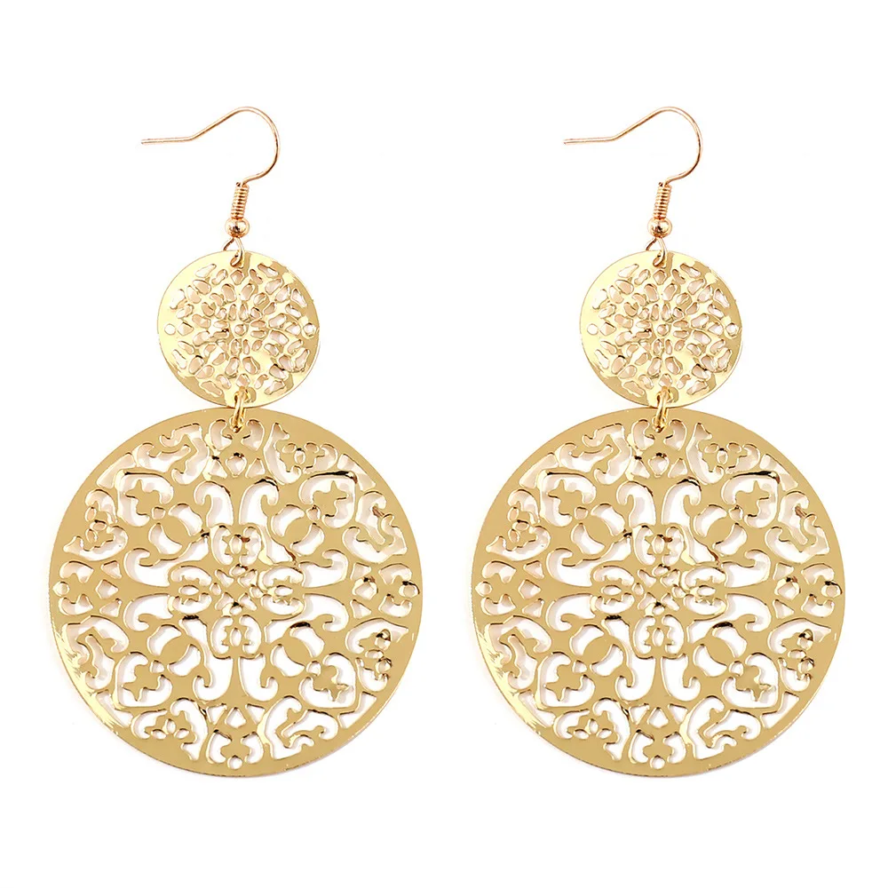 DIY accessories European and American fashion exaggerated retro hollow metal disc earrings temperament court ethnic style carved