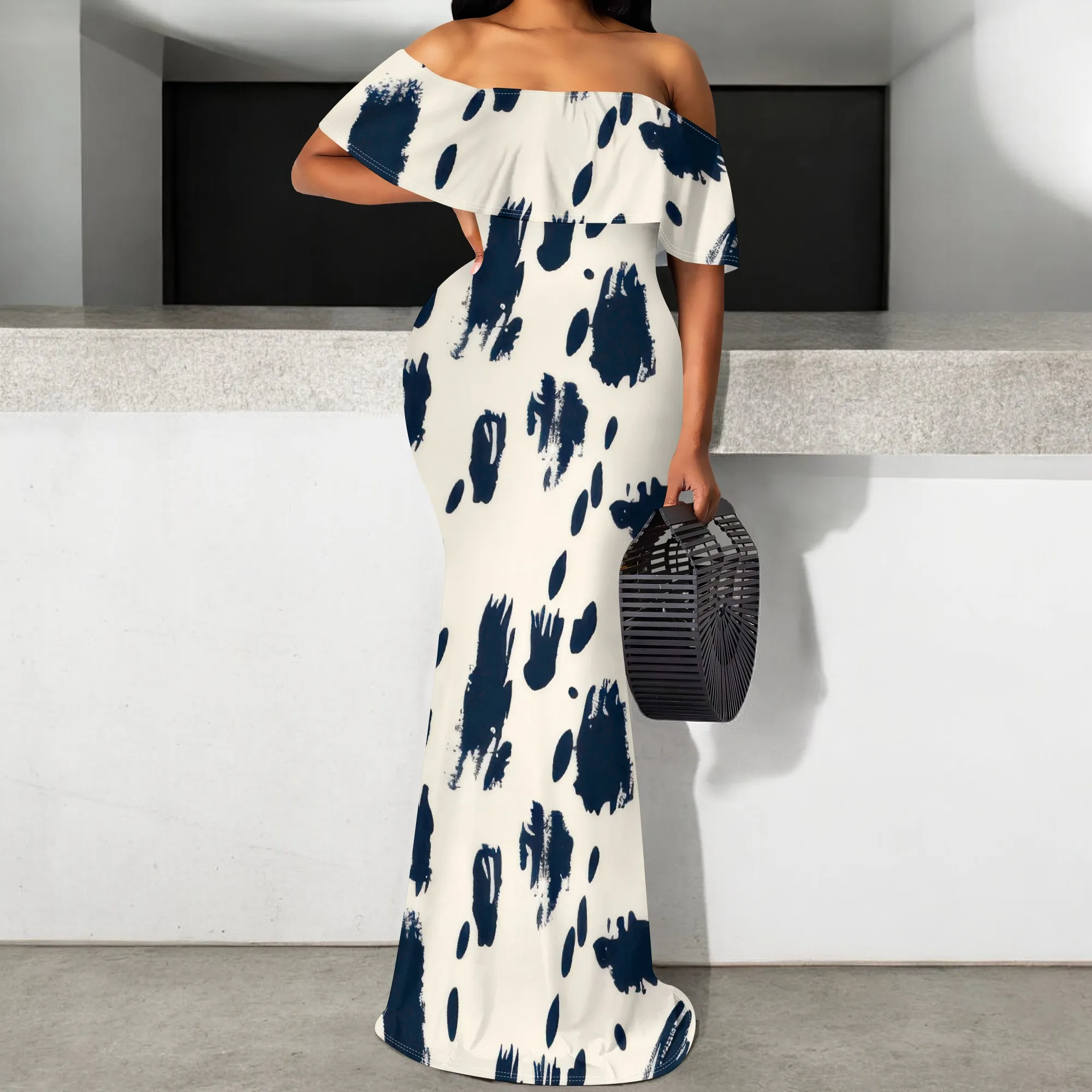 

Abstract Off-Shoulder Women's Maxi Dress S-3XL, Navy Blue & White Ink Blot Print