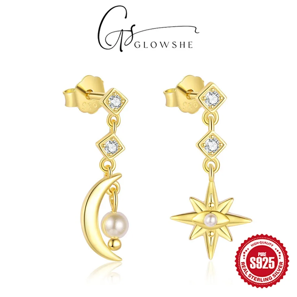 Glowshe 925 Sterling Silver Pearl Zircon Star Moon Earrings Banquet Luxury Fine Jewelry Women's Elegant Statement Earrings Gift