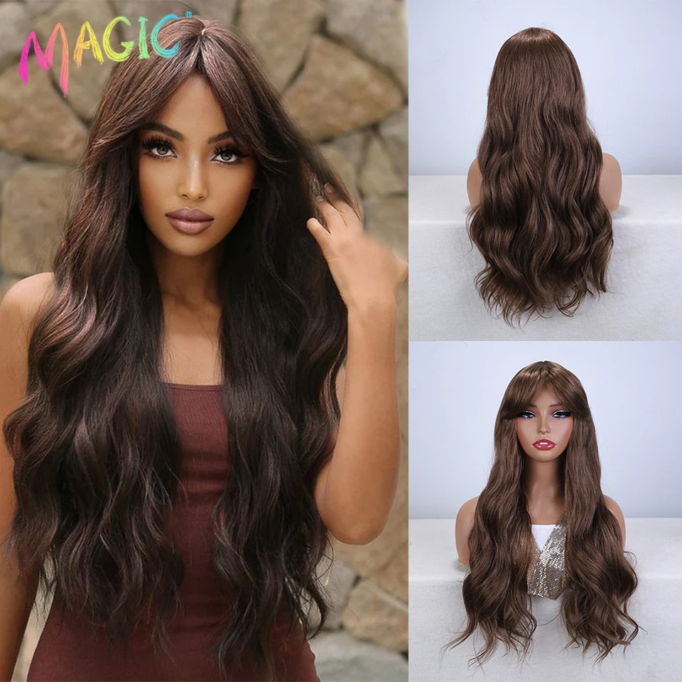 

Magic Cosplay Ombre Brown Wig 26 Inch Long Wave Synthetic Wigs With Bangs Wig For Women High Temperature Natural Fake Hair Wig