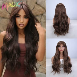 Magic Cosplay Ombre Brown Wig 26 Inch Long Wave Synthetic Wigs With Bangs Wig For Women High Temperature Natural Fake Hair Wig