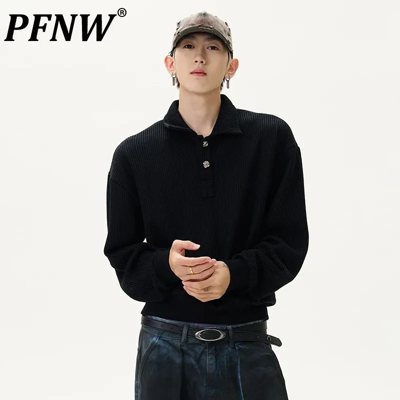 PFNW Knitted Sense Metal Buckle Design Male T-shirt New Lapel Long Sleeve Men's Solid Color Fashion Tops Men 2024 Autumn 28W4834