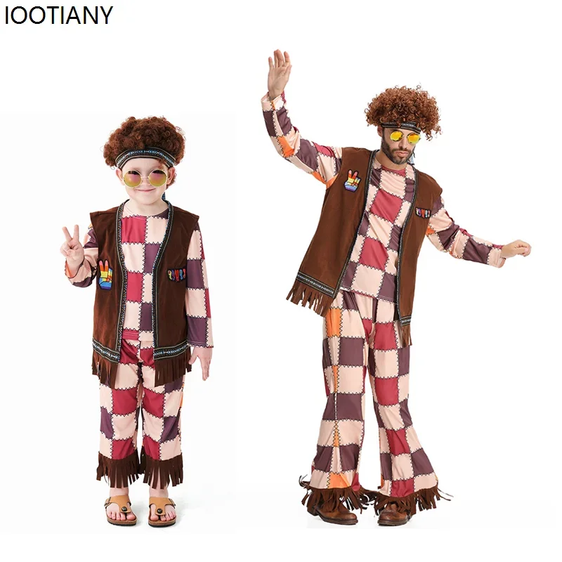 

Косплей Хэллоуин Хиппи Косплей Костюмы для родителей и детей 60-х 70-х годов Ретро Хип-хоп Тематическая вечеринка Необычные платья Карнавальное сценическое представление D