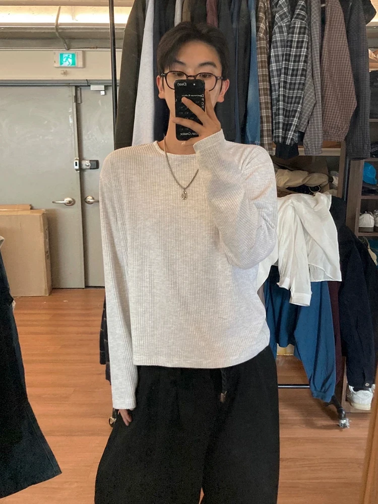 Loose Long Sleeve round Neck Men's Hoodie Korean Style Texture Feeling American Retro Pattern Grille Base Shirt Inner Wear