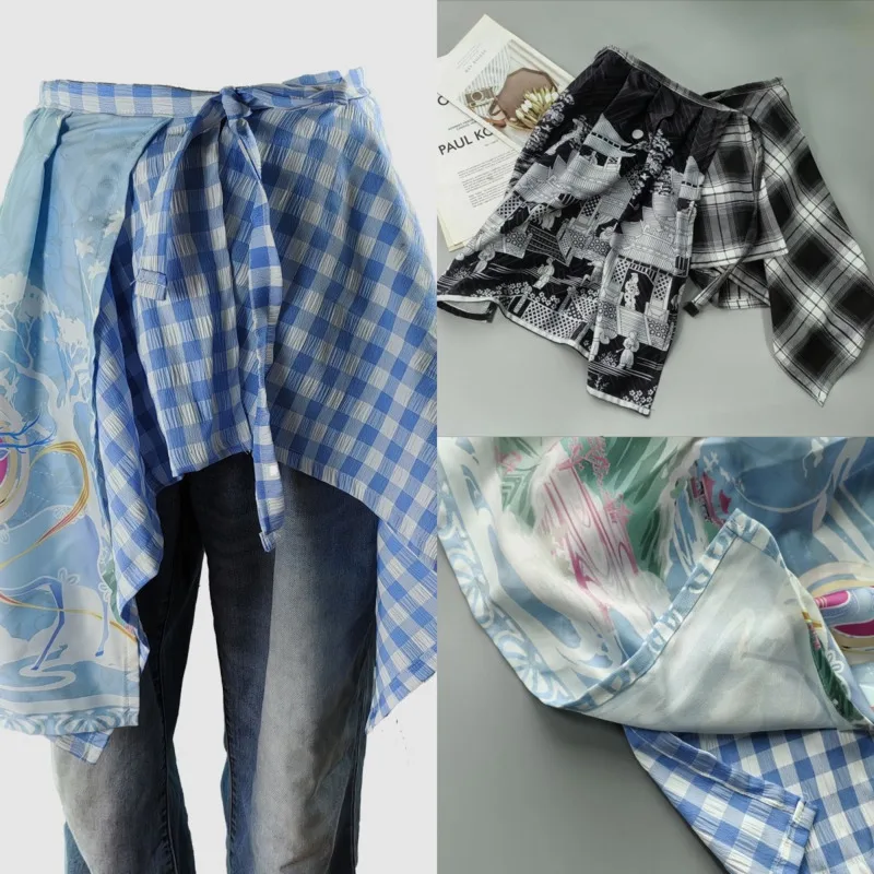 

Korean Plaid Dresses Pants Y2K Casual Skirt Pants Fashion Style Waist Dual Color Irregular High Street Loose A-line Dresses New