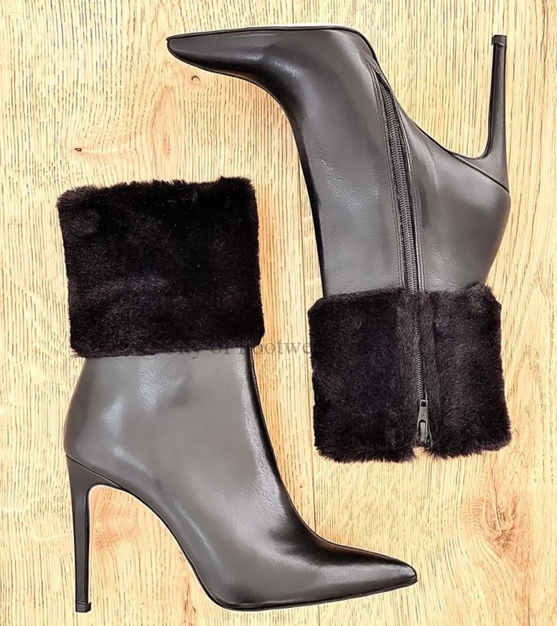 Pointed Toe Leopard /Zebra Print Sexy Ankle Boots Women Black Fur Leather Thin High Heels Big Size Booties Luxury Designer Shoes image 4