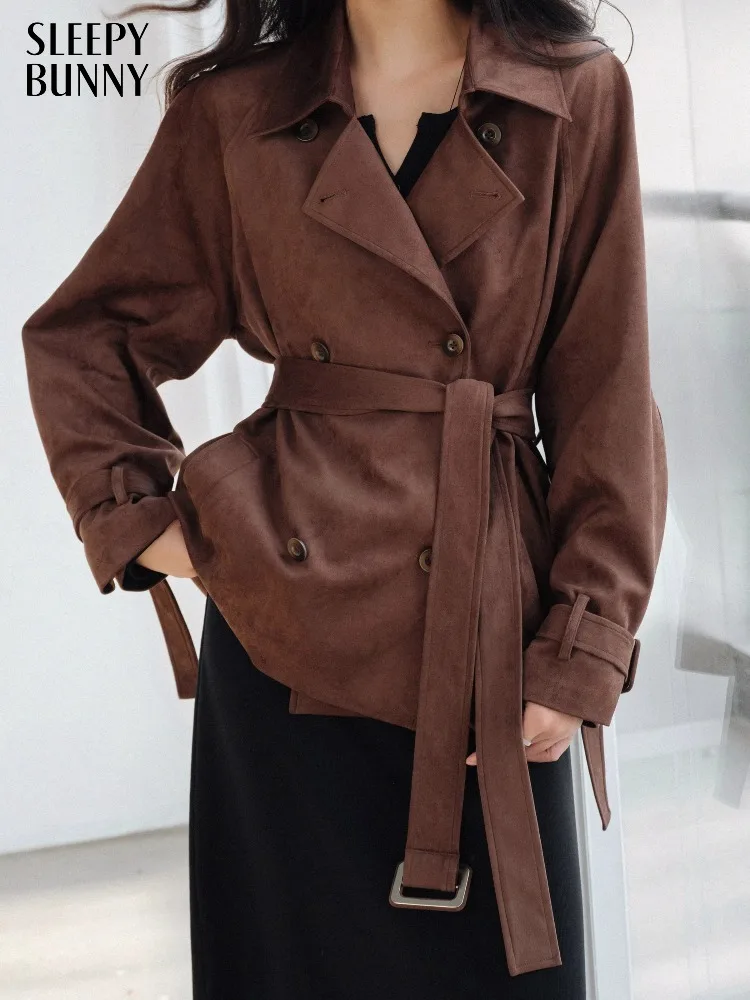 

Vintage Brown Suede Short Trench Coat Autumn Waist-Tight Slim Jacket Women Korean Style Casual Outerwear for Petite Elegant Look