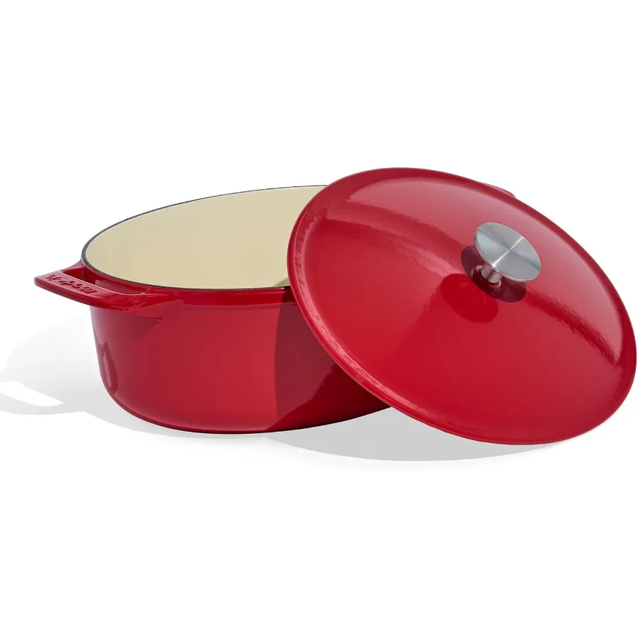 

Oval Dutch Oven 7.5 Quart in Red Enameled Cast Iron with Exceptional Heat Retention and Durability for Slow Cooking Stewing Bak