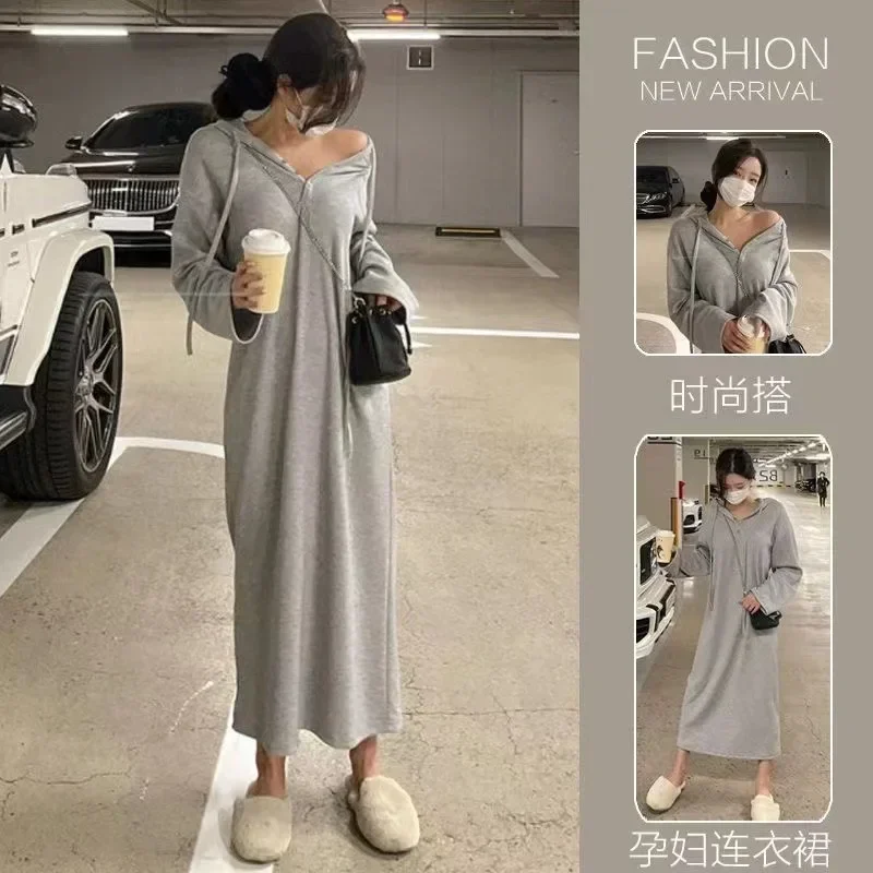 Autumn Winter Dense Knitted Maternity Sweaters Dress Elegant V Neck A Line Slim Clothes for Pregnant Women Pregnancy Ins