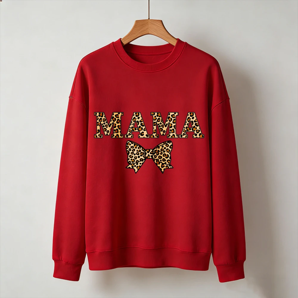 Classic Leopard Print MAMA Matching Bow Crewneck Long Sleeve Pullover Edgy Coquette Mom Gift with Retro Bold Font Sweatshirt - view 2