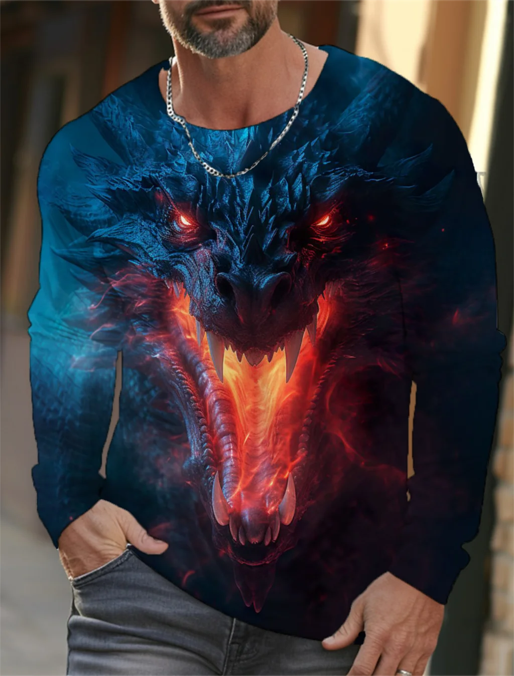 Vintage Men\'s Long Sleeve T-Shirt 3d Print Shirts Fashion Animal Dragon Graphics Long Sleeve Men Oversized Streetwear Tops Tees