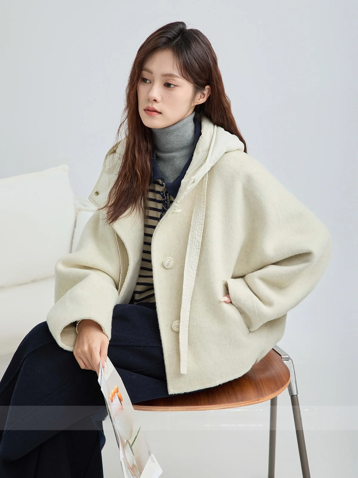 

Двустороннее шерстяное пальто MoZao для женщин, свободного кроя, модное, с лоскутным дизайном, с капюшоном, зимнее, новинка, винтажное, длинное пальто-свитер