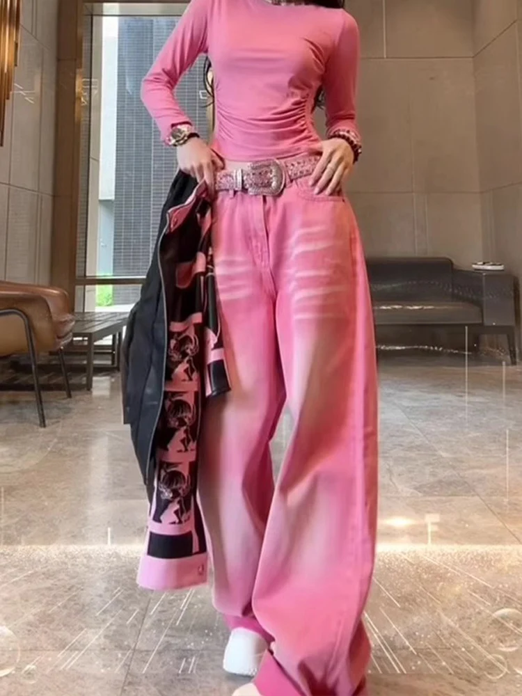 

Adorable Pink Vintage High Waist Wide Leg Jeans Back 2025 Spring Summer Slimming Exclusive Type Ladies Denim Trousers