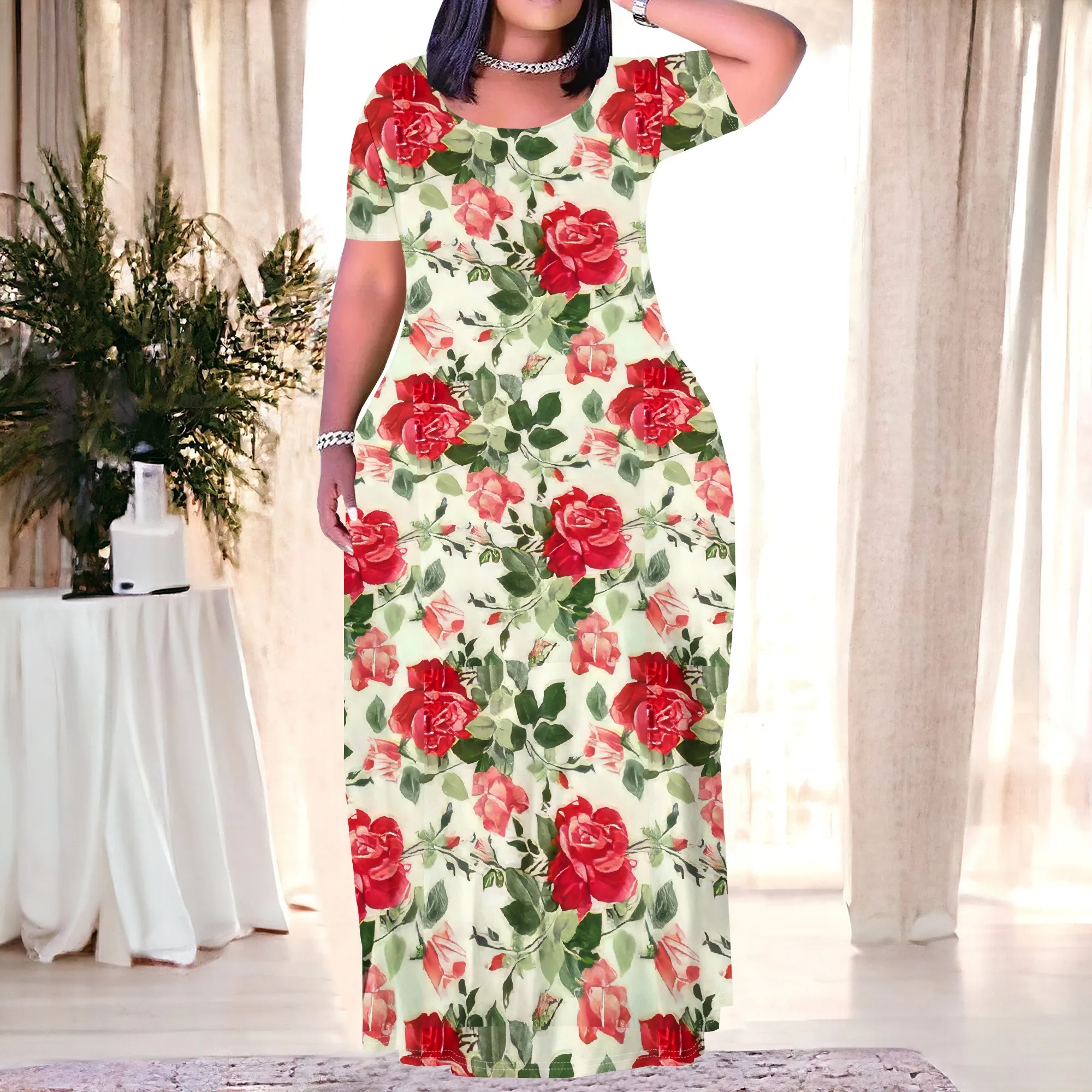 

Women's Purple Polka Dot Short-Sleeve Crew Neck Printed Maxi Dress with Pocket Polyester Evening Winter Bold