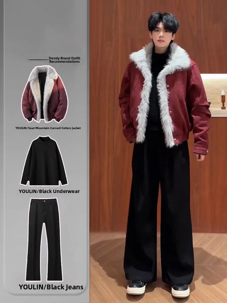 

Red Fur Collar Jaet Thiened Mink Velvet Cotton Coat for Men Cool Sli Winter Warm Long Sve Coat