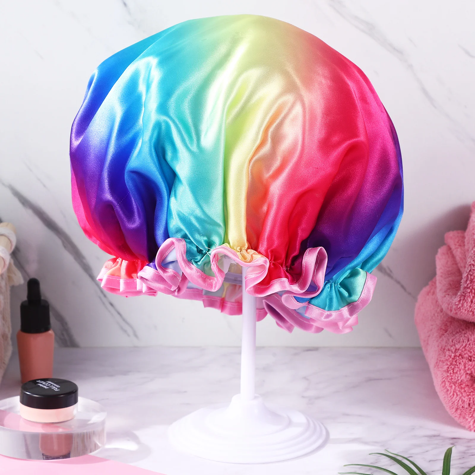

Stylish Rainbow Shower Cap Waterproof Hair Cover for Men Women Reusable Elastic Travel Accessory Shower Cap Hair Cover