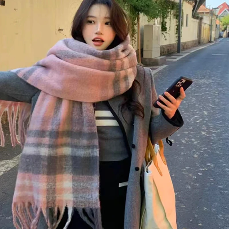 צעיף אופנה חדש שחור לבן משובץ בסגנון קוריאני חם ועבה צעיף