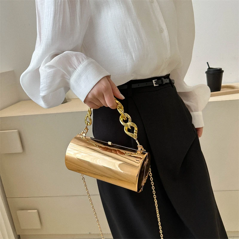 Barrel Shaped Women\'s Bag Metallic Fashion Chain Handbag Evening Hard Luxury Wallet Ins Small Cylinder Mirror Shoulder Bag Woman