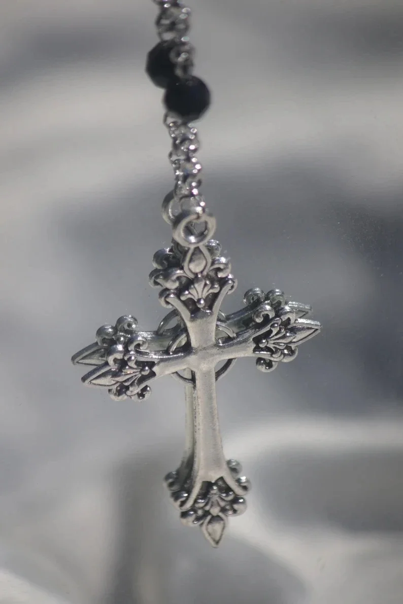 Long Silver Cross Pendant Necklace Beaded Gothic