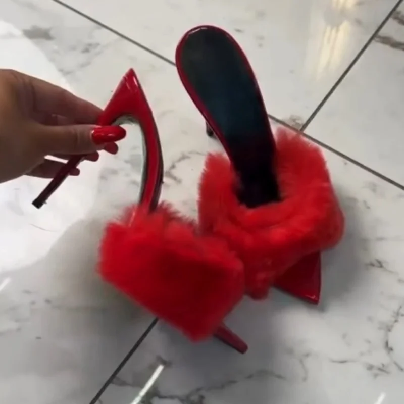 Arden Furtado Summer Pink fur Peep toe Slippers Pointed toe pull-on Super high heel Sexy Word slippers Catwalk shoes - view 3
