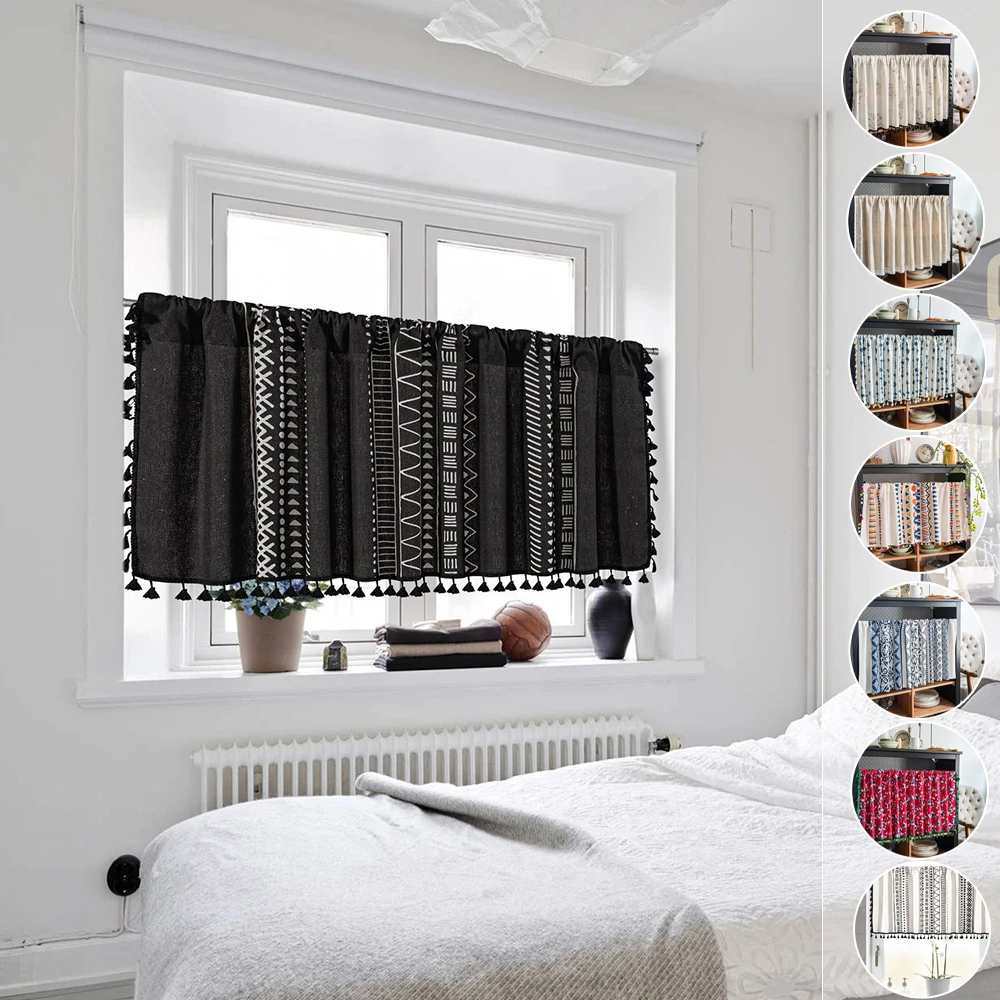 

1PC Short Vintage Bohemian Window Curtain Tassel Boho Sheer Curtains Rod Pocket Drapes for Kitchen Living Room Bedroom 부엌 커튼