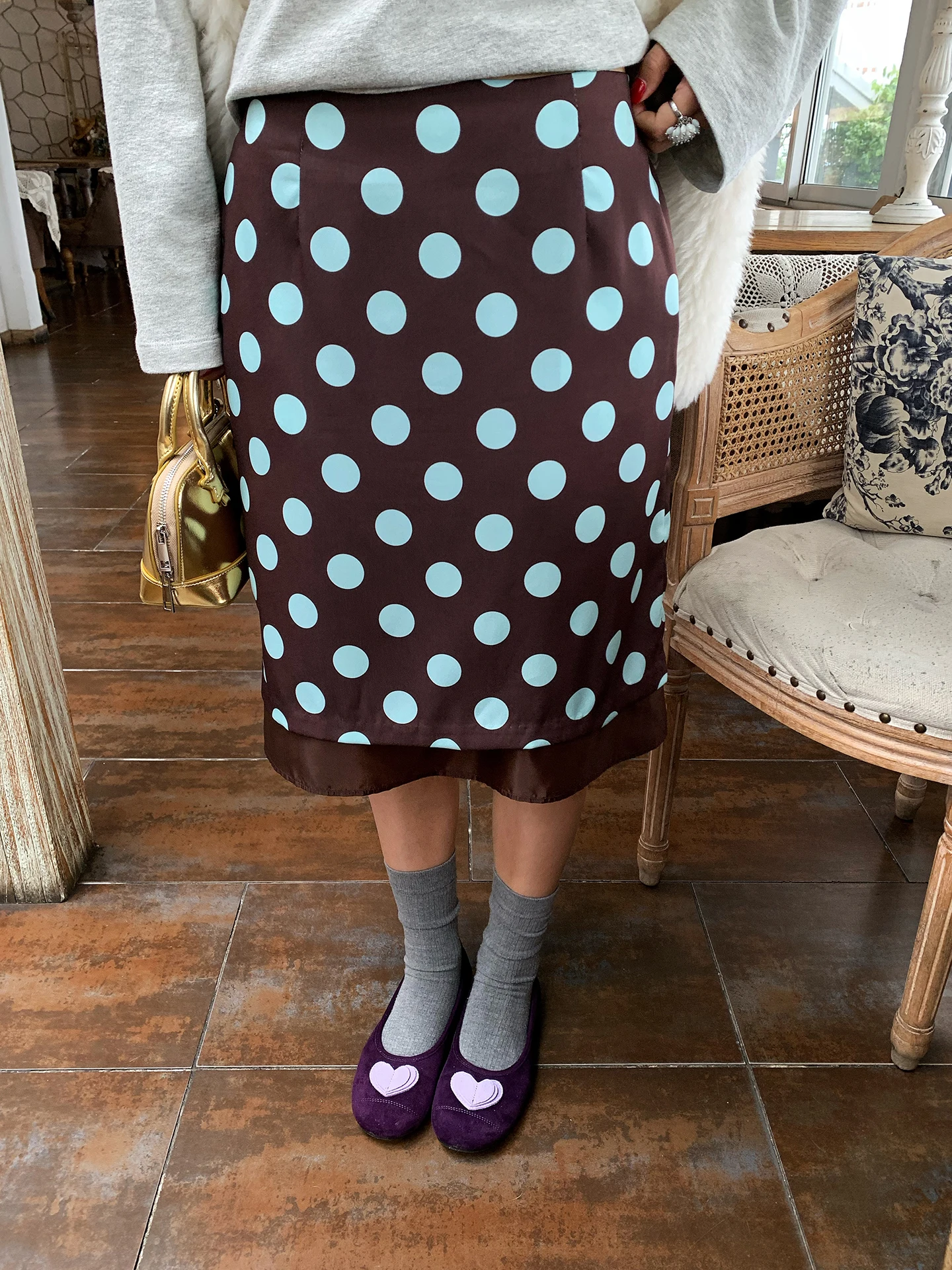Teamanis Autumn Polka Dot Print Half Skirt High Waist H-Shape Commute Friendly Korean Style Coffee Color Floral Polyester Fiber