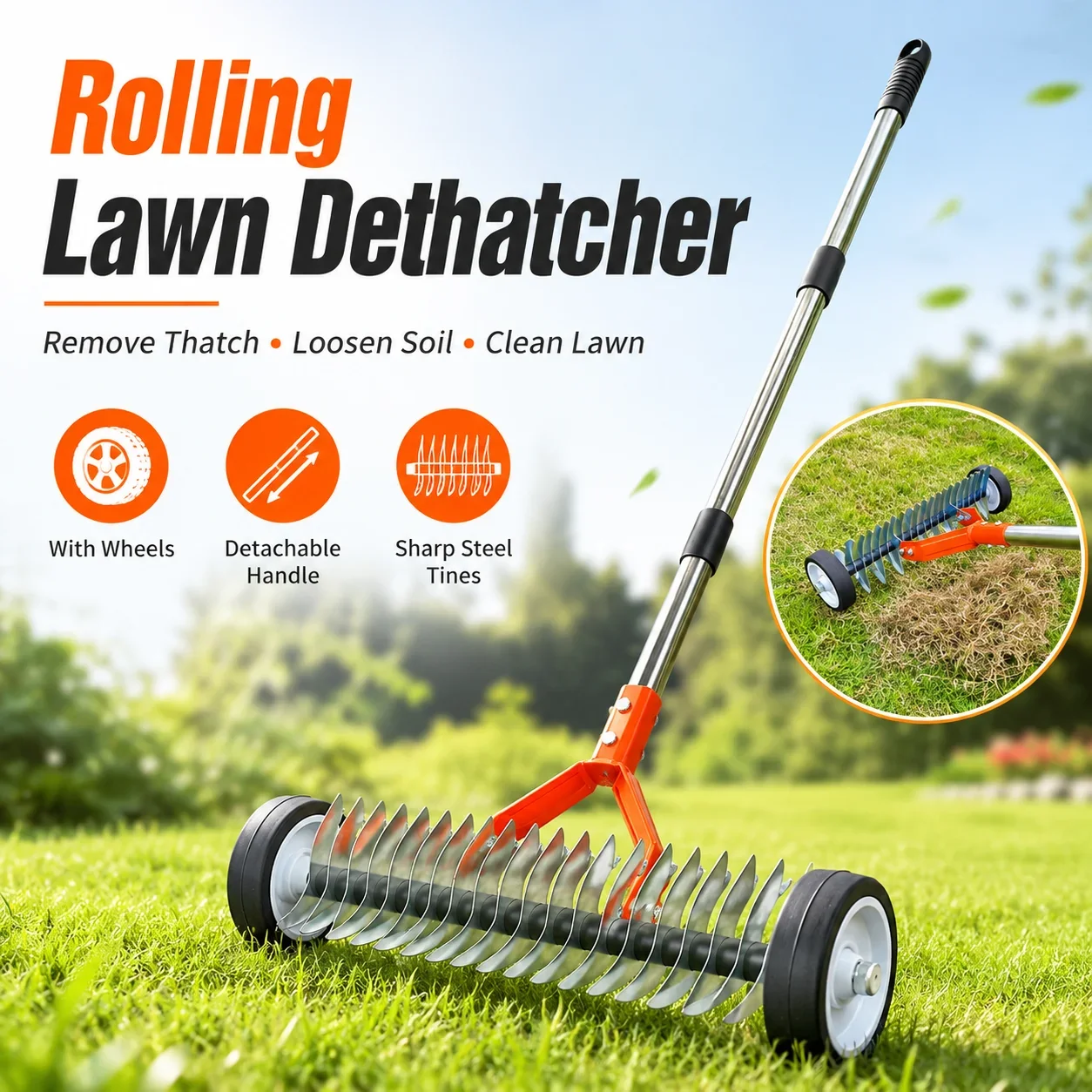 Rolling Lawn Rake with Wheels, Garden Weeder, Thatch Rake, Leaf Rake, Grass Dethatcher, Soil Loosener, Yard Cleaning Tool
