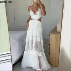 Women's Summer Elegant Long Dress for Holiday White Lace Party Dress Hollow Out High Waist Wedding Elegant Sexy Maxi Vestidos