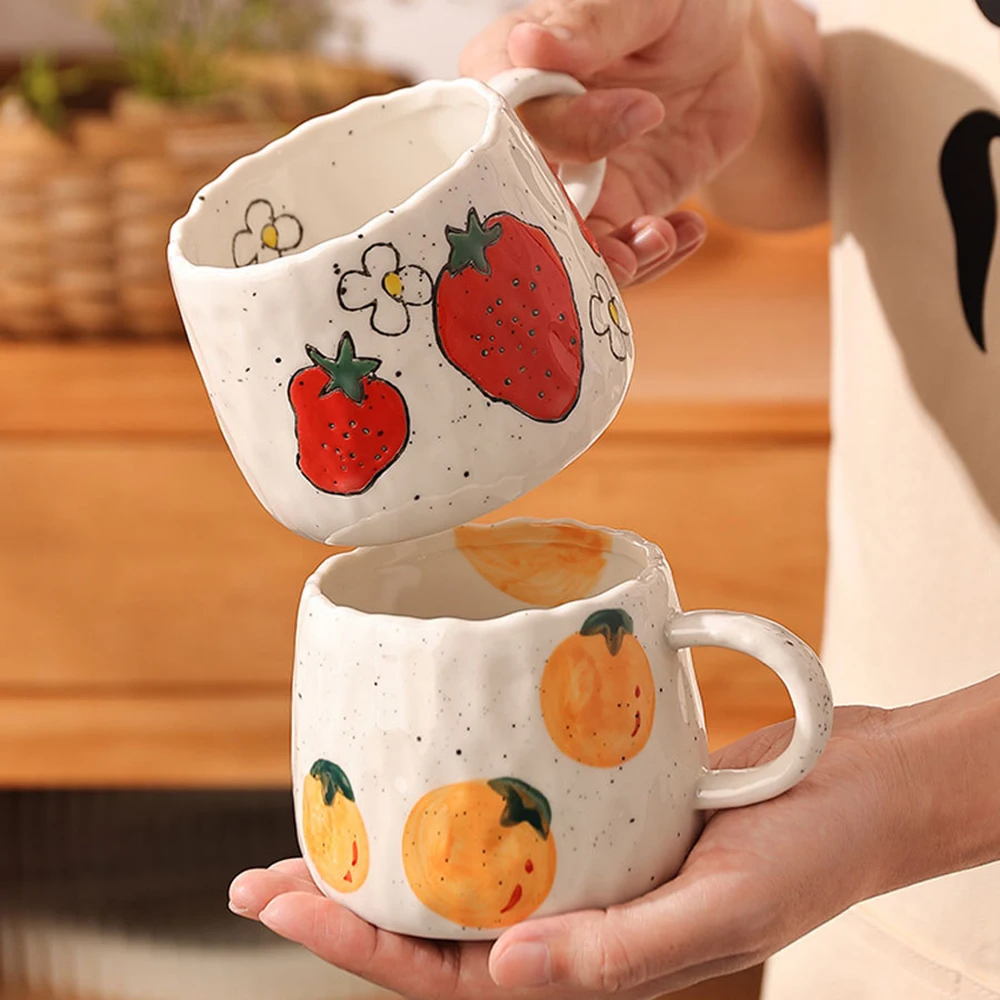 Hand-Painted Speckled Ceramic Coffee Mugs Strawberry Orange Print Wavy Irregular Rim Water Cups for Home Office Daily Use Mug