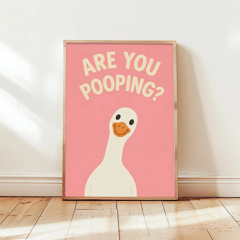 Funny Pink Duck Bathroom Canvas Wall Art Humorous Quote Print Cute Cartoon Style Duck Poster Perfect Decorating Bathroom Toilet