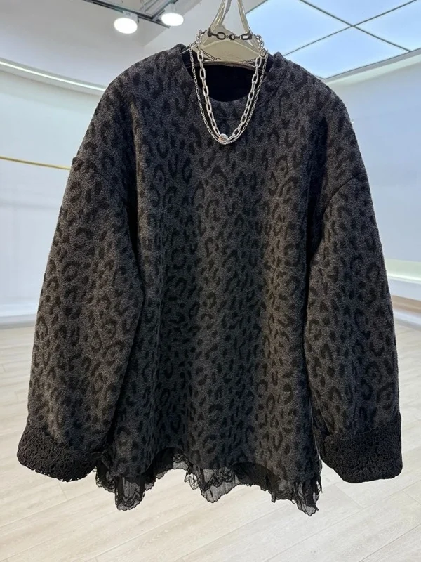 

plus Size Fce Lined round Ne Sweatirt Leopard Print Patchwork Korean Sle Winter ex Casual Comfortable Warm Top