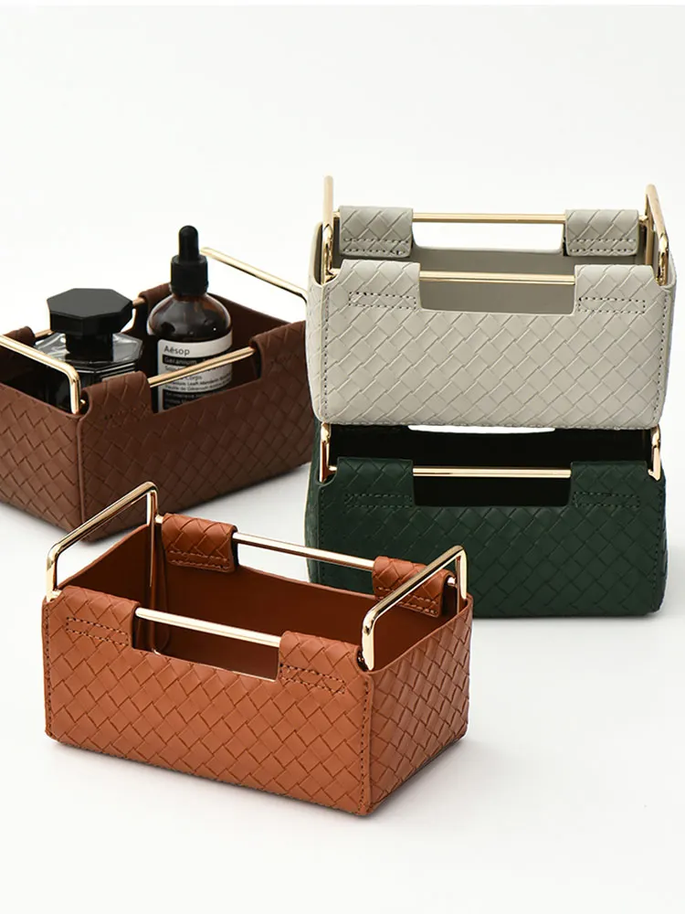 Home And Bathroom Organizer PU Leather Cosmetic Organizer Storage Box Makeup Brush Holder Sundries Basket Lipstick Organizer