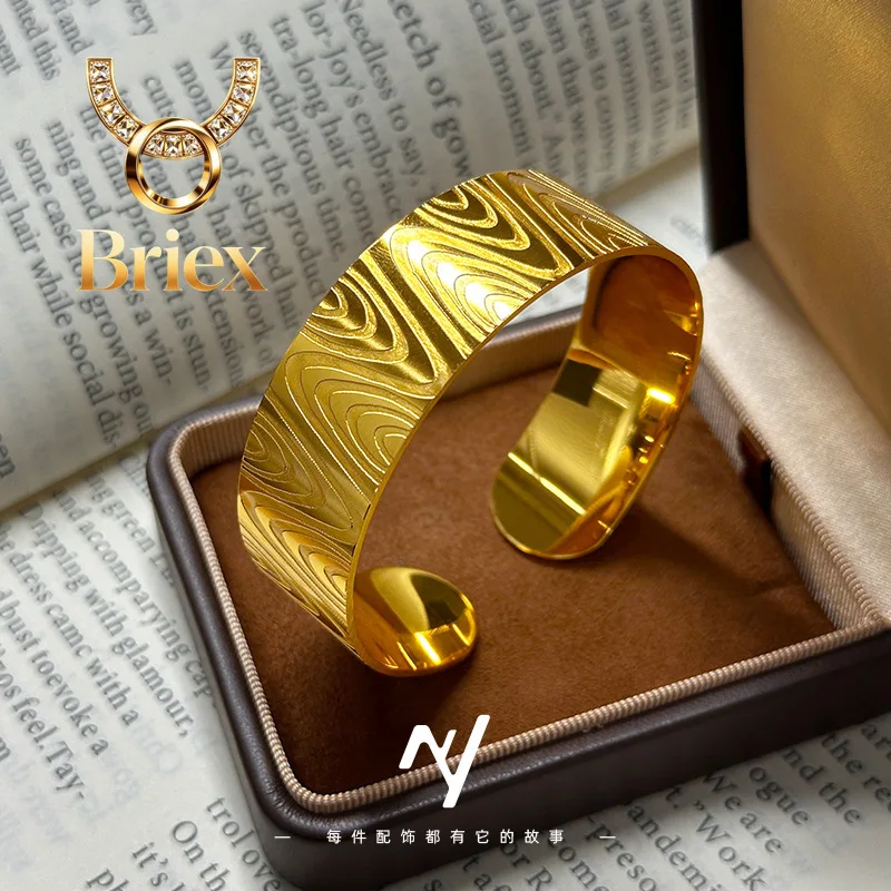 Briex Jewelry Luxury 24K 9999 Pure Gold real gold Women's Ins Style Popular Geometric Ripple Opening Bracelet