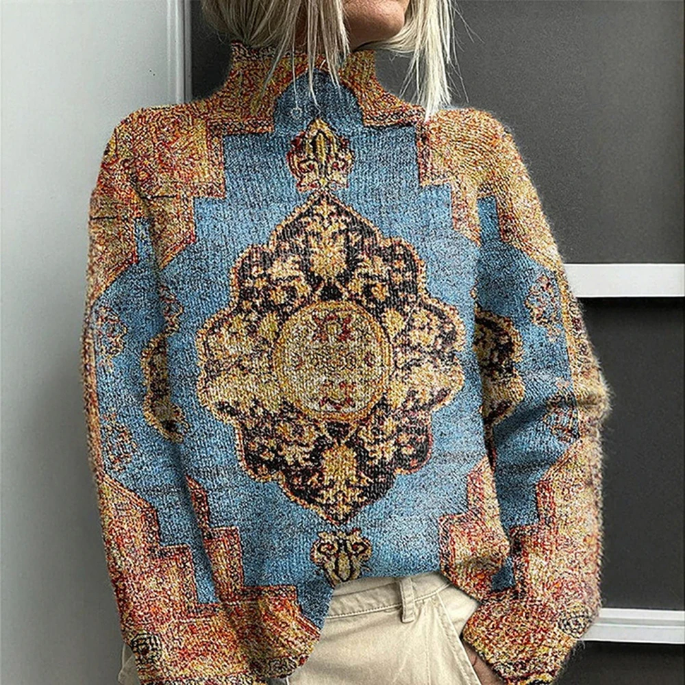 

Women's Relaxed Fit Crewneck Sweater Autumn Winter Rustic Colorwork Fair Isle Knit Casual Sweater