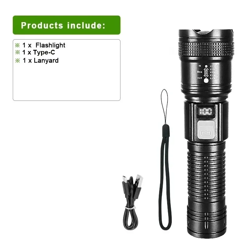 Ultra-High Power Flashlight Digital Electronic Display Waterproof Torch Zoom Hand Light Outdoor Camping Lantern