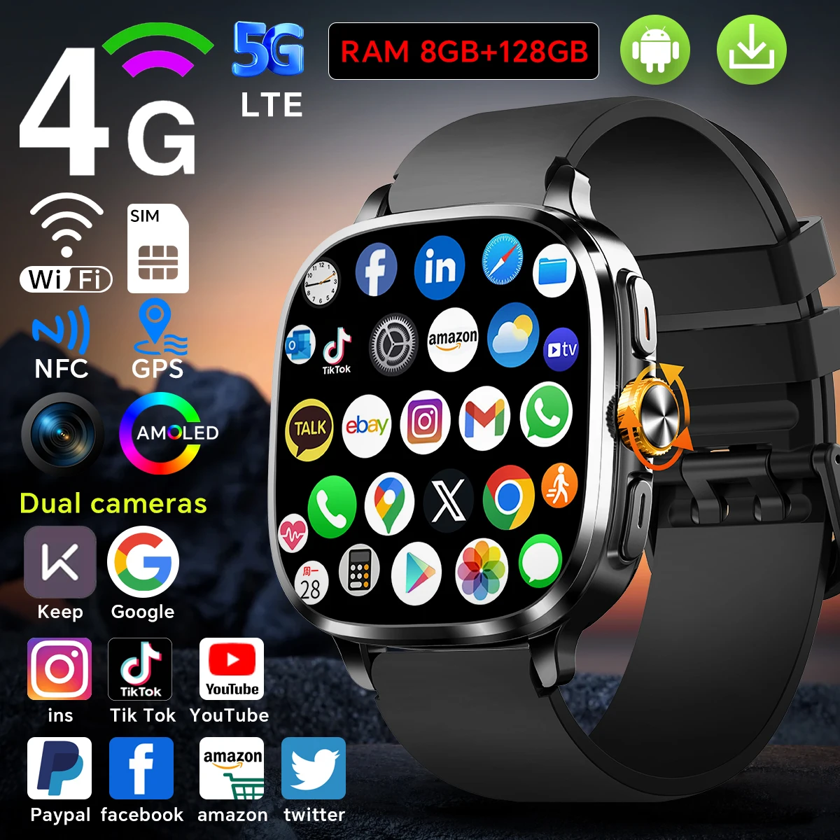 5G Full Netcom S99 Smartwatch Android 13.0 Smart Watch With 190° Rotating Camera NFC Compass IP67 Waterproof Google Play Store