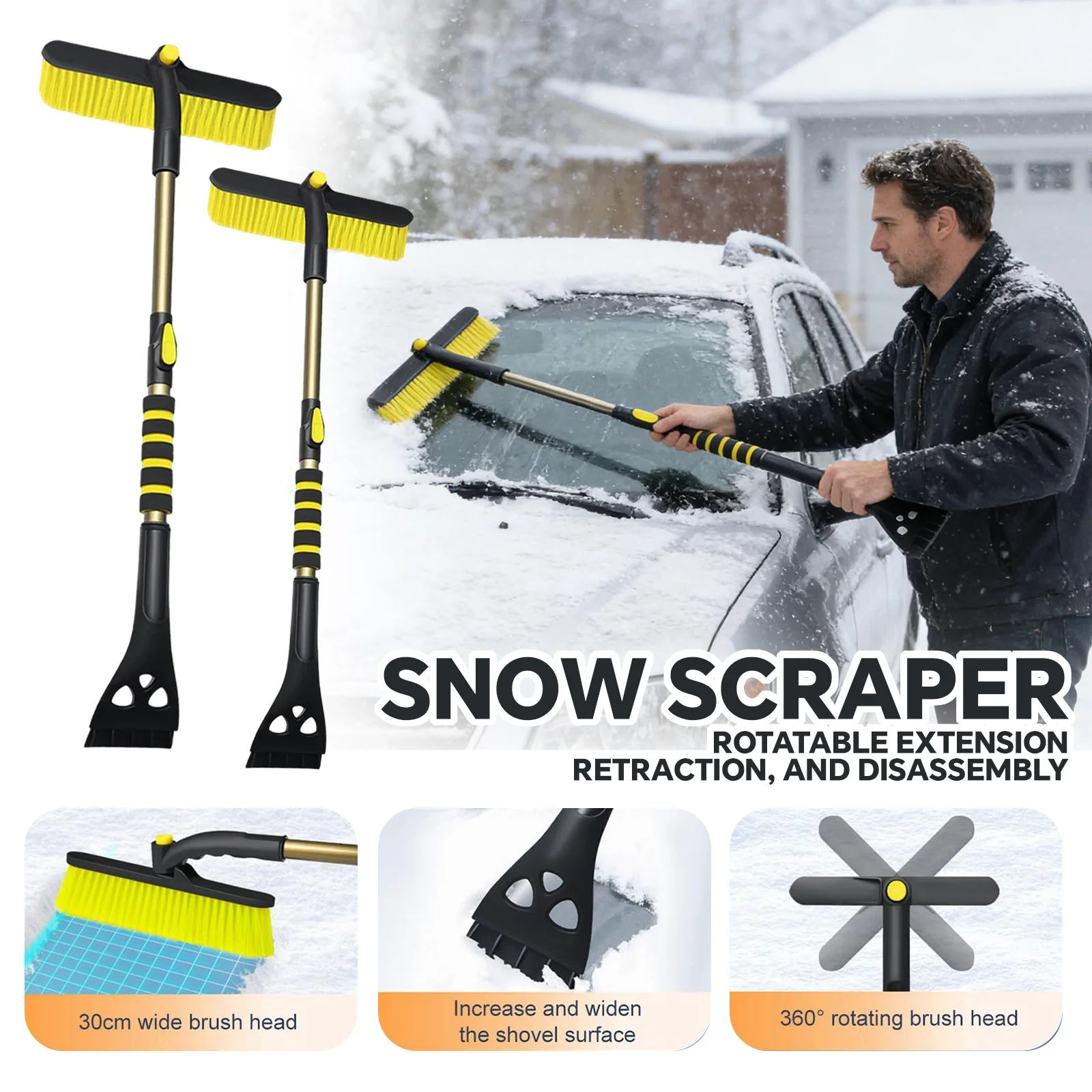 

Щетка для снега для автомобиля, скребок для льда, регулируемый выдвижной зимний скребок с щеткой для льда и удобной пенопластовой ручкой, удаление снега на лобовом стекле