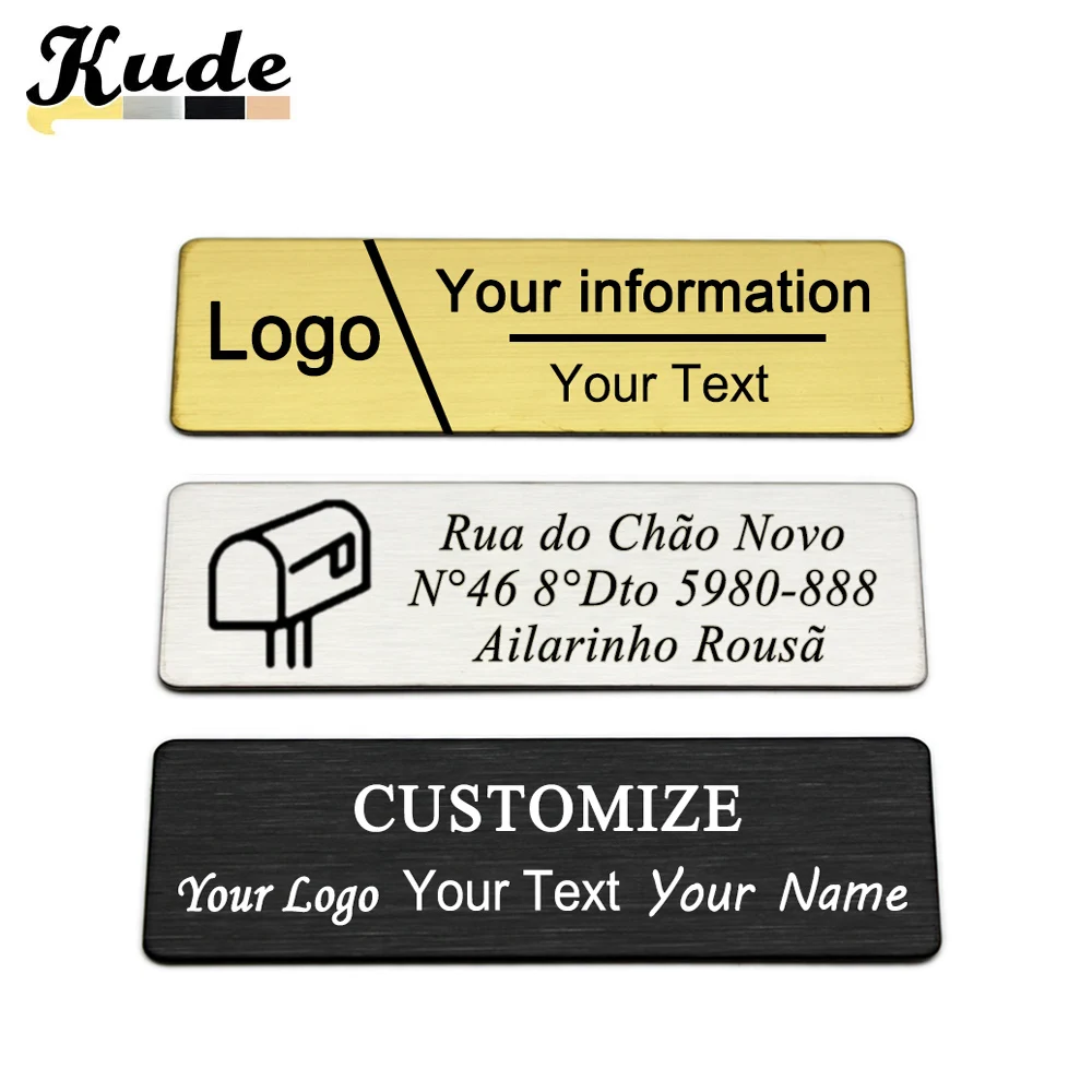 Placa de identificação de metal de aço gravada personalizável, gravado seu logotipo do texto, crachás personalizados, broches personalizados, tag ID