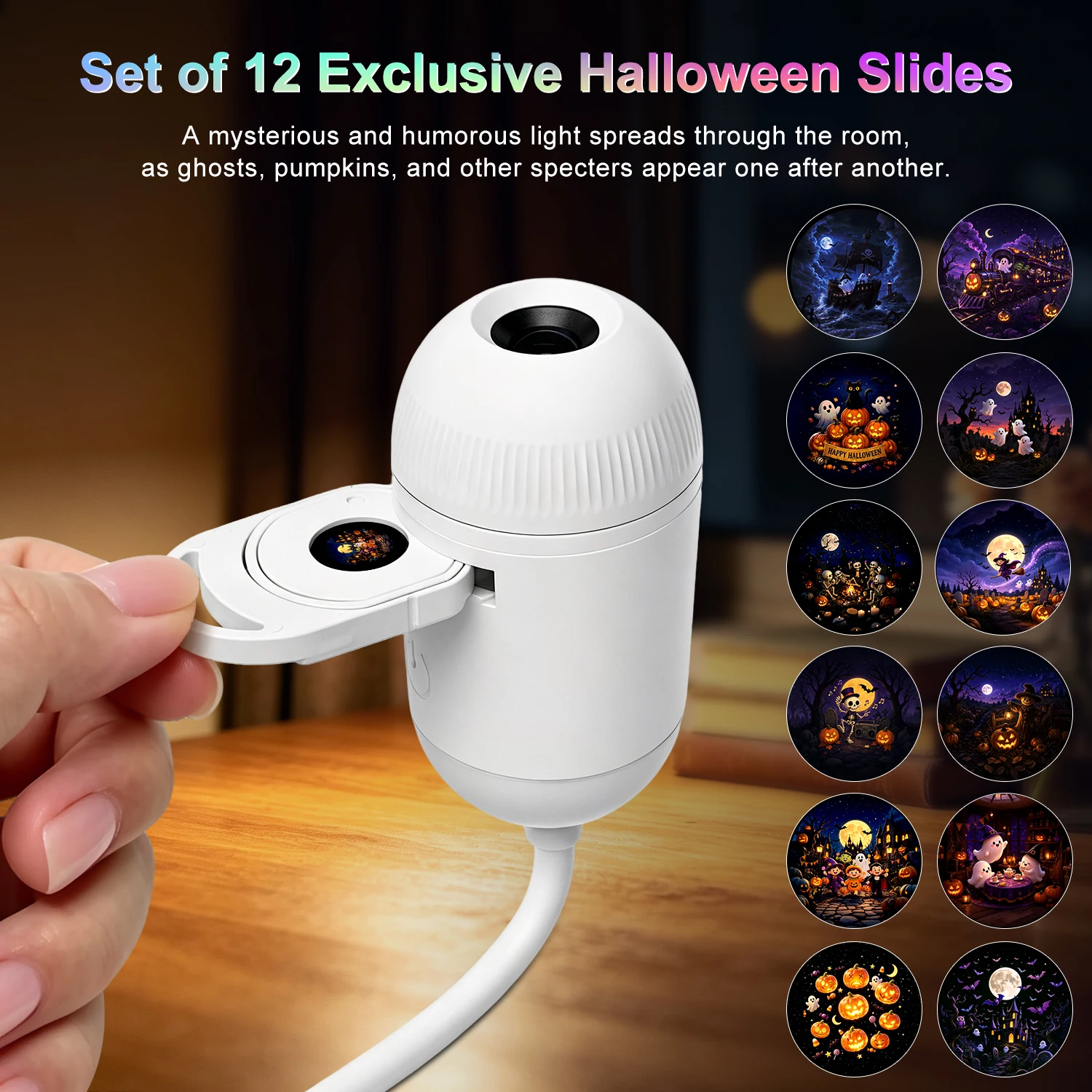 Halloween Projector Lights 12-in-1 USB Night Lamp, Scary HD Skull Ghost Witch Decor for Car Room Wall, Holiday Gift