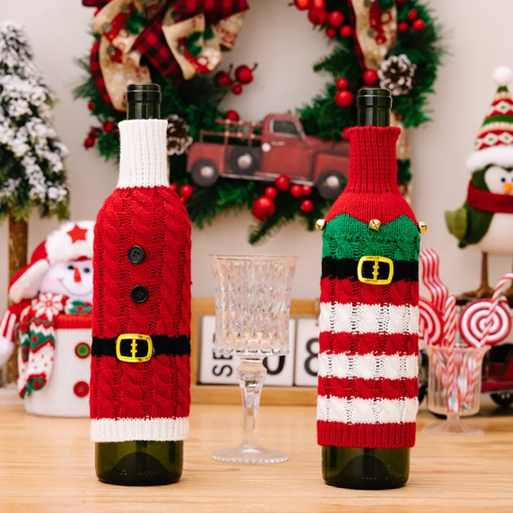Cute Christmas Wine Bottle Cover Red Santa Claus Woven Knitted Wine Bottle Bag Gift for Navidad Christmas Party Table Decoration
