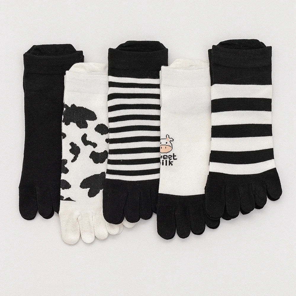 5 Pairs Toe Socks Women Cute Cow Print Five Finger Socks Kawaii Summer Short Ankle Socks with Separate Fingers Korean Fashion