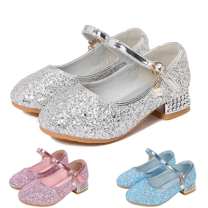 

Luxury Children Shiny Sequined Princess Shoes for Girls High Heels Leather Masquerade Birthday Party Celebration Crystal Sandals
