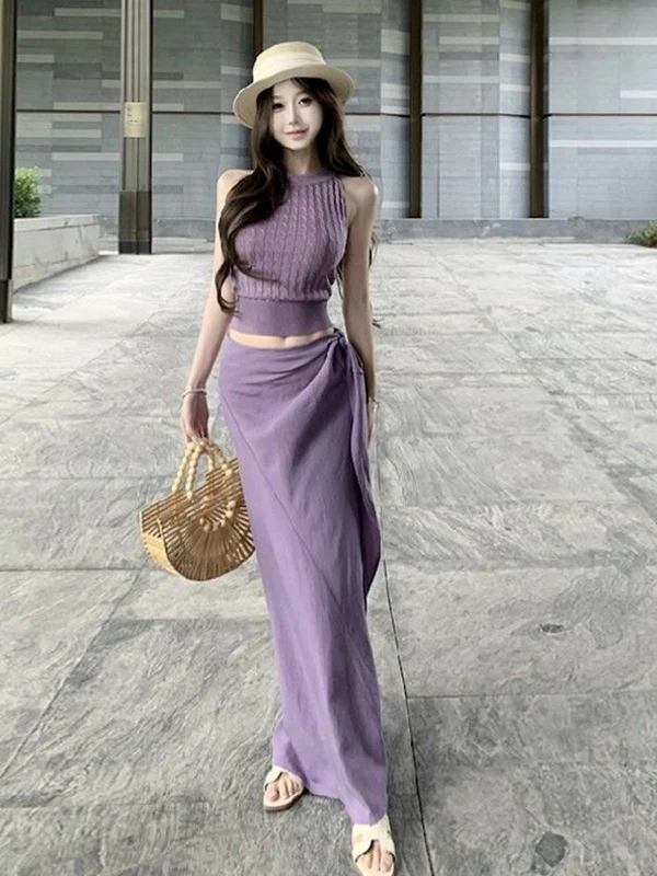 

Purple Sleeveless Vest Skirt Set Women's Summer Vacation High-End Sensation Wraparound Long Skirt Two-Piece Suit Elegance
