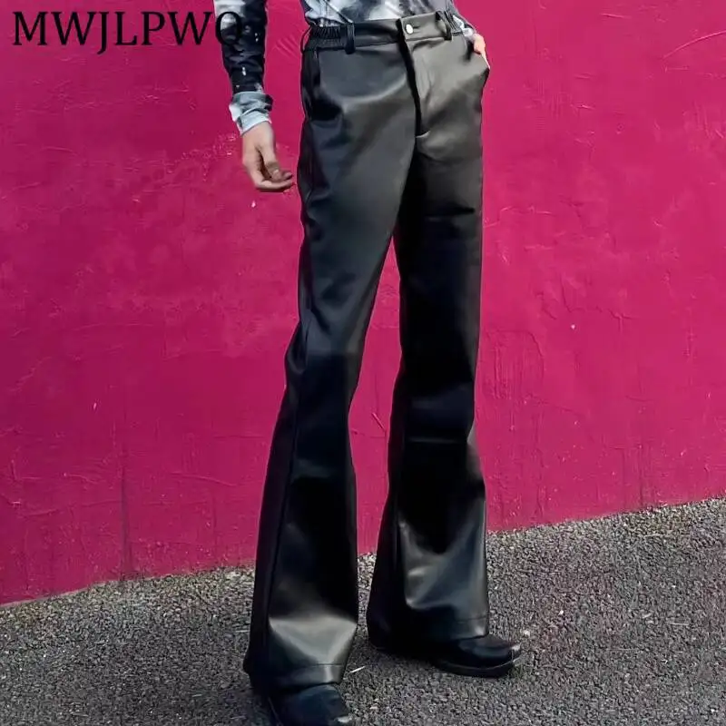 

MWJLPWQ Faux Leather Flare Pants Smooth Glossy Fabric Draped Floor Stack Hem Unisex Retro Punk Street Casual Trousers 17140