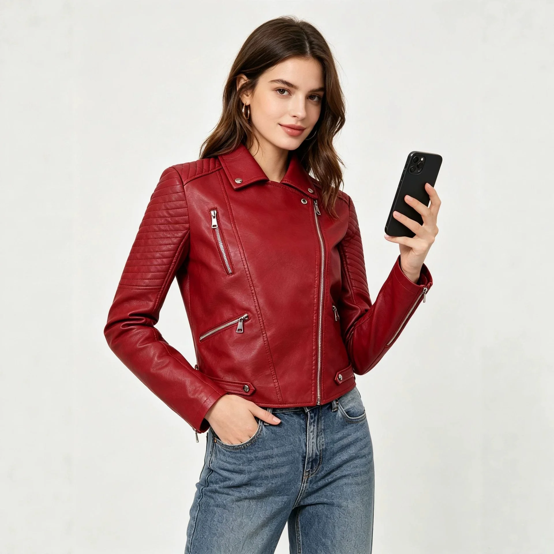 Women's European Size Thin Leather Jacket Slim Fit Trendy Wash Casual Autumn Winter Outerwear