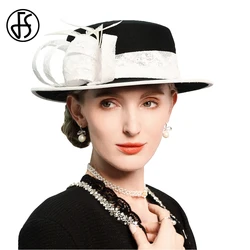 Women's Vintage Wool Felt Flat Top Fedora Hat with Lace Bow And Feather Black/White Fashion Millinery Winter Cap