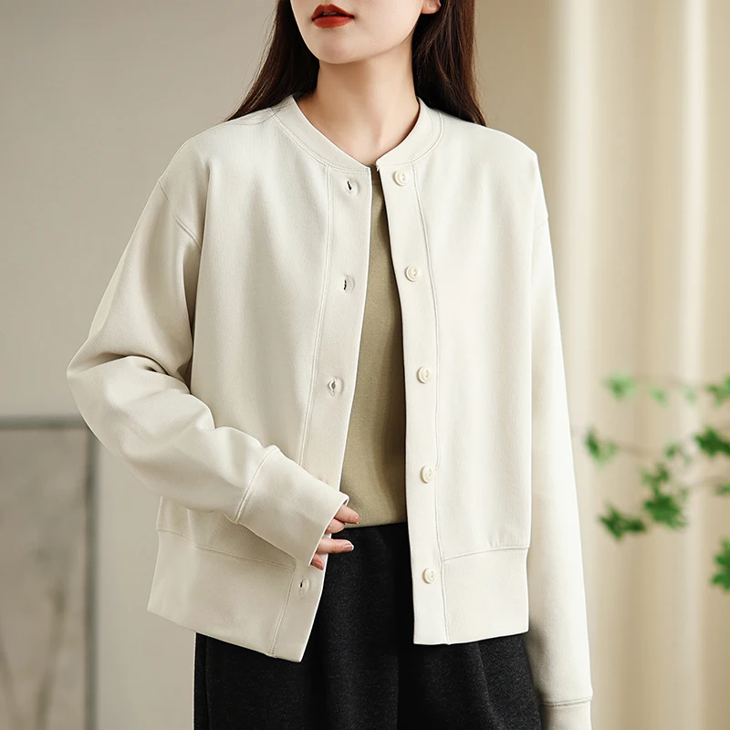 봄 가을 신상 심플하고 세련된 루즈핏 순면 롱 슬리브 스웨트셔츠 컬러 버튼 재킷 여성용